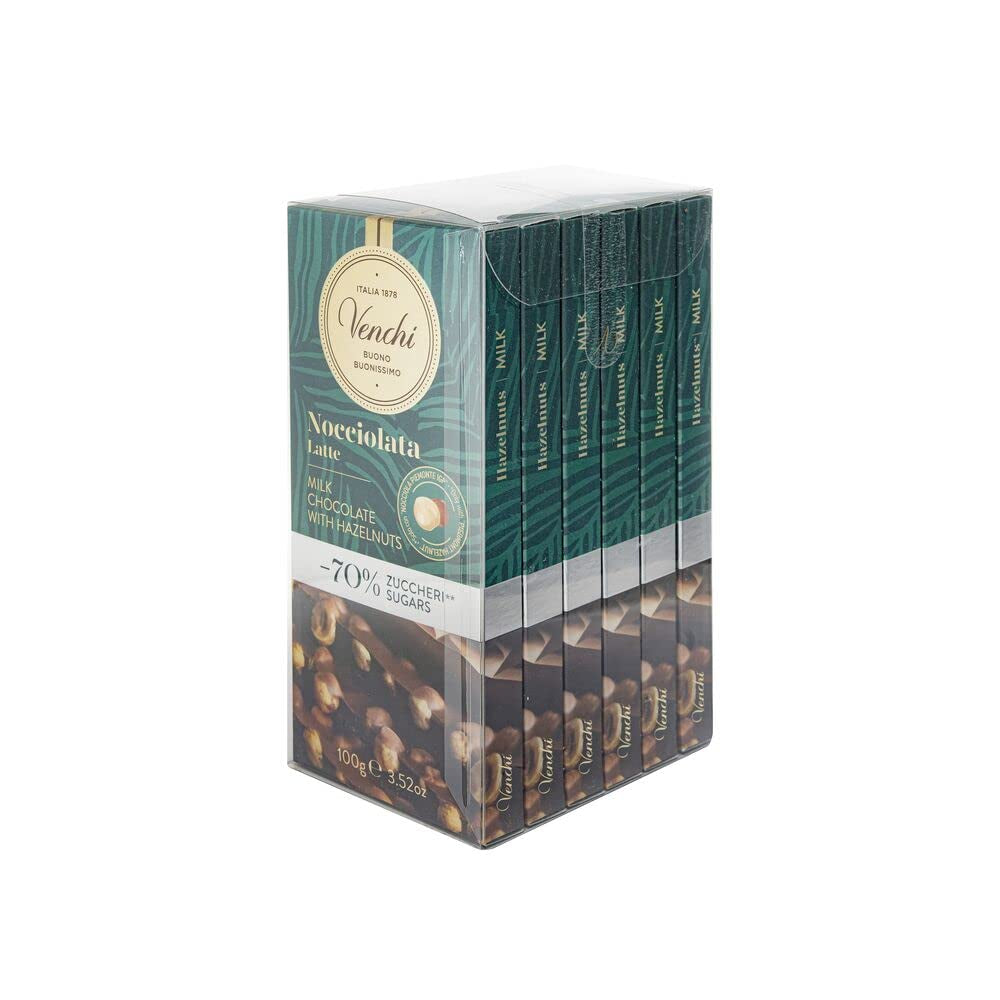 Venchi - 6 db tábla mogyorós étcsokoládé csomag, 600g - Hozzáadott cukor nélkül - Mesterséges édesítőszer nélkül - Gluténmentes - Vegán - Ajándékötlet