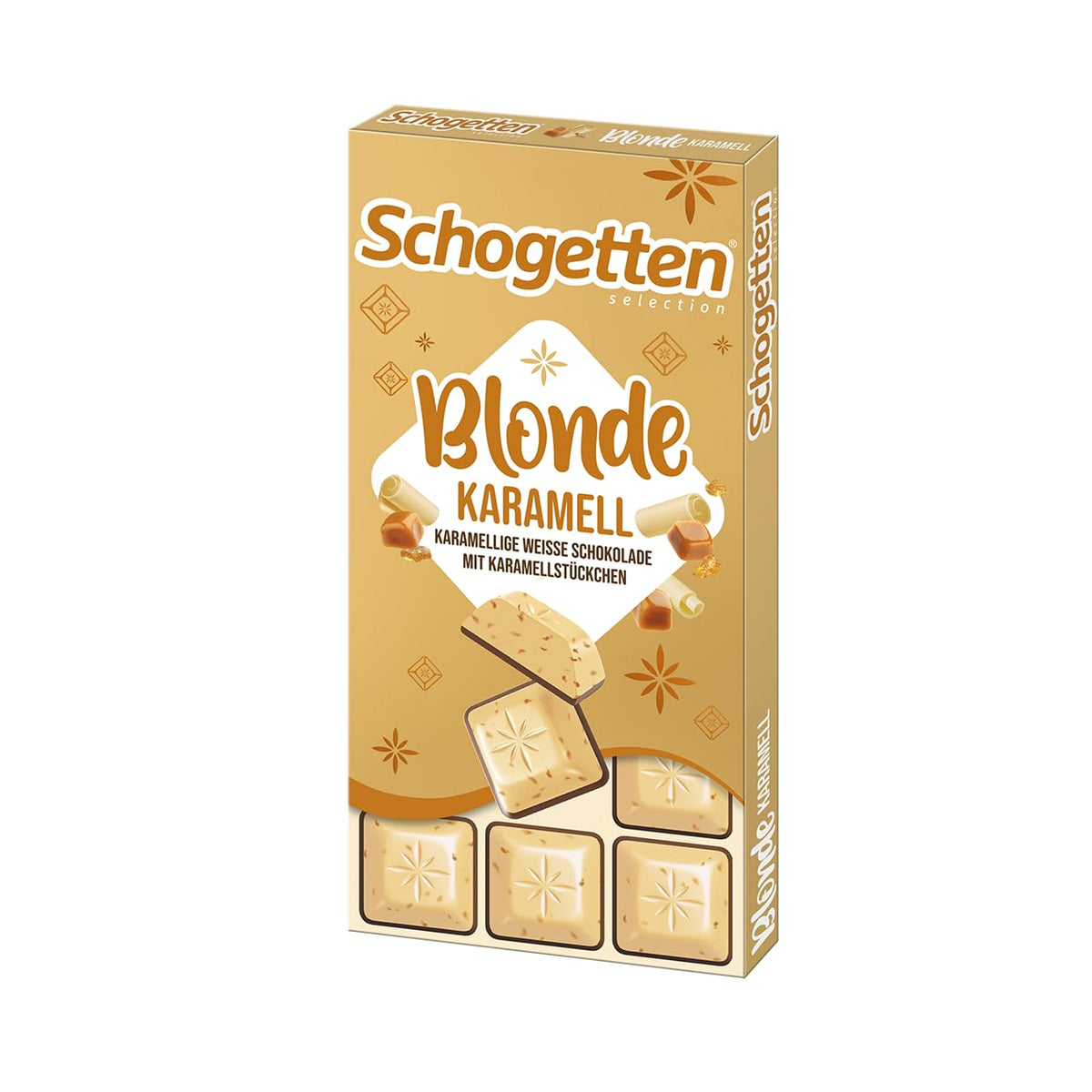 Schogetten Blonde Caramel | Karamell fehér csokoládéval és karamelldarabokkal | Csokoládé tábla 100g | Kényelmesen adagolva