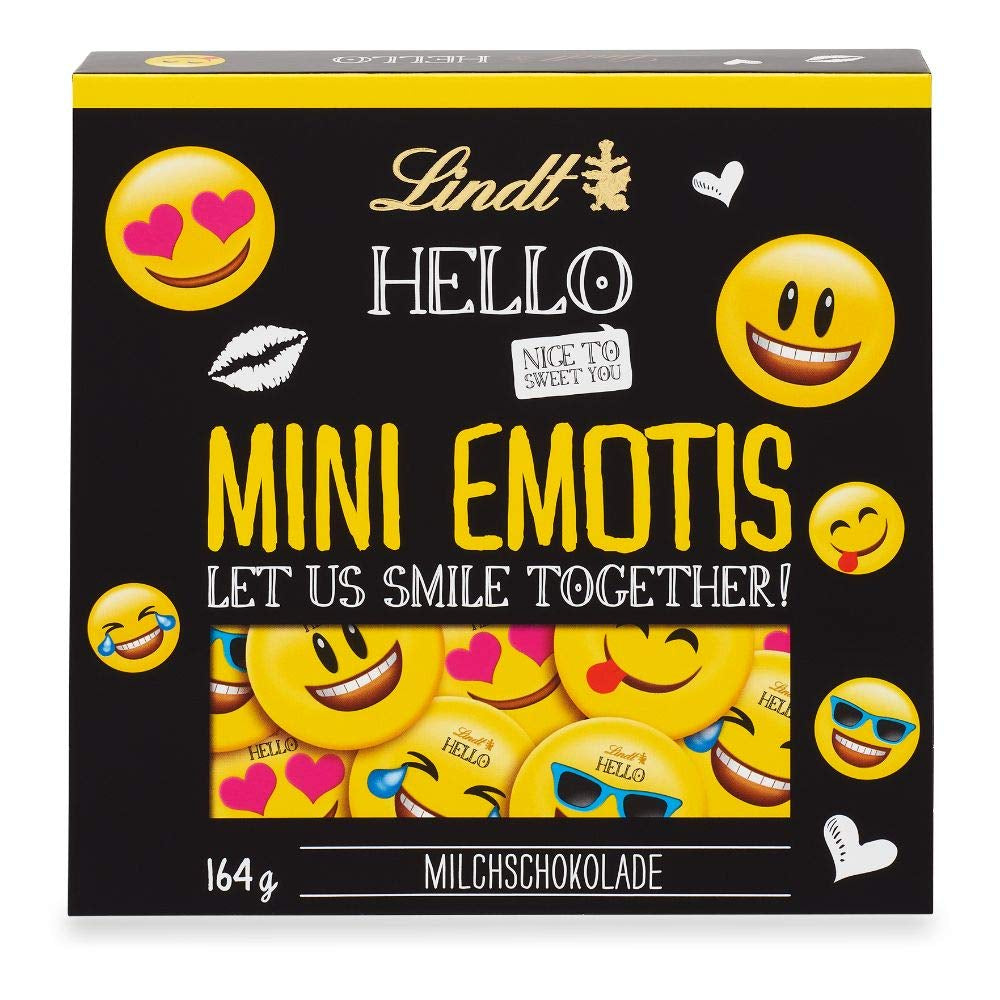 Csokoládé szortiment (37 LINDOR golyó, 24 Hello Mini rúd, 10 Mini Fioretto), csokoládé ajándék (1 x 815 g) és HELLO Mini Emoti, tejcsokoládé 5 hangulatjeles kivitelben, 164 g