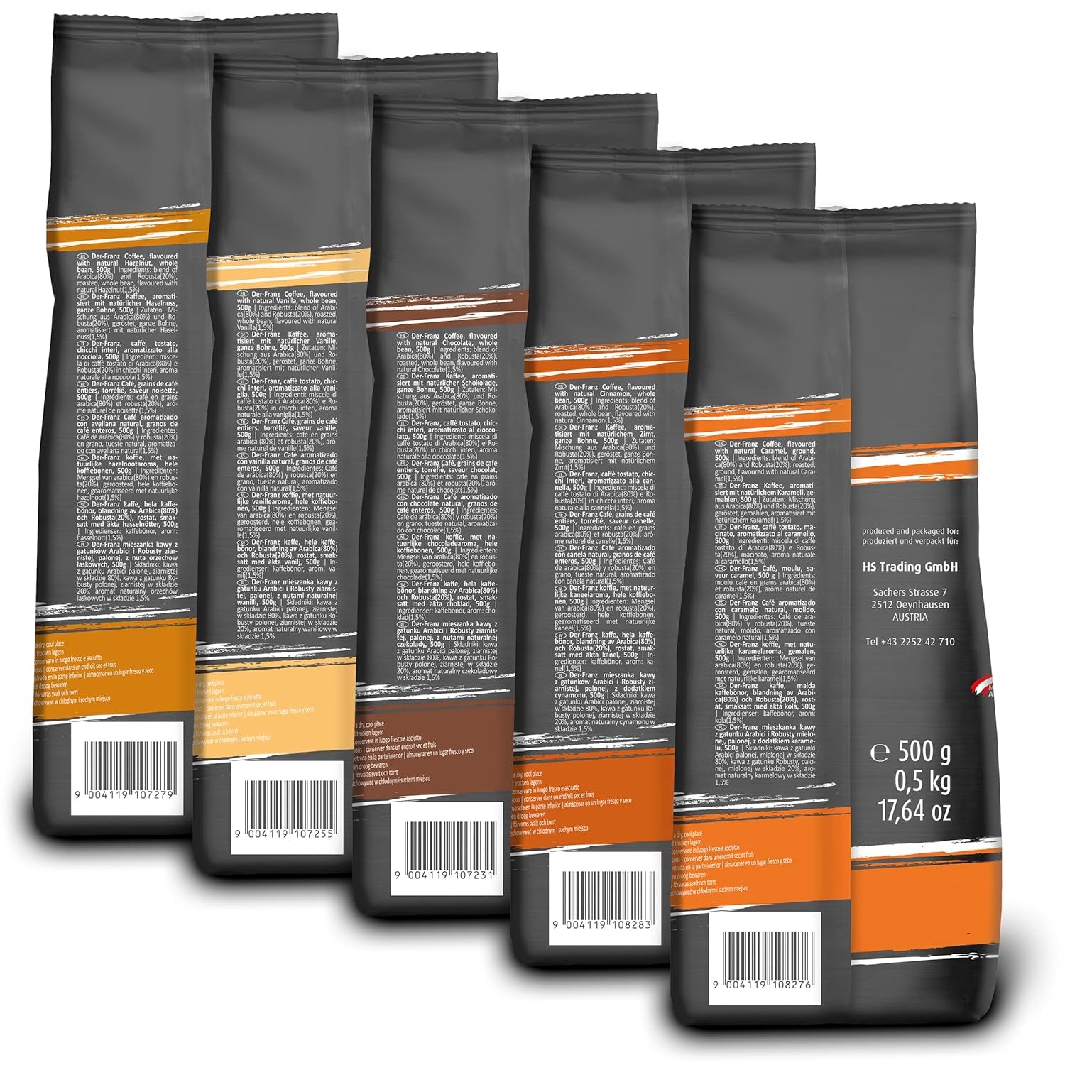 Der-Franz Kaffee Pack, ganze Bohne, aromatisiert, 5 x 500 g (1 x Haselnuss, 1 x Vanille, 1 x Schokolade, 1 x Zimt, 1 x Karamell)