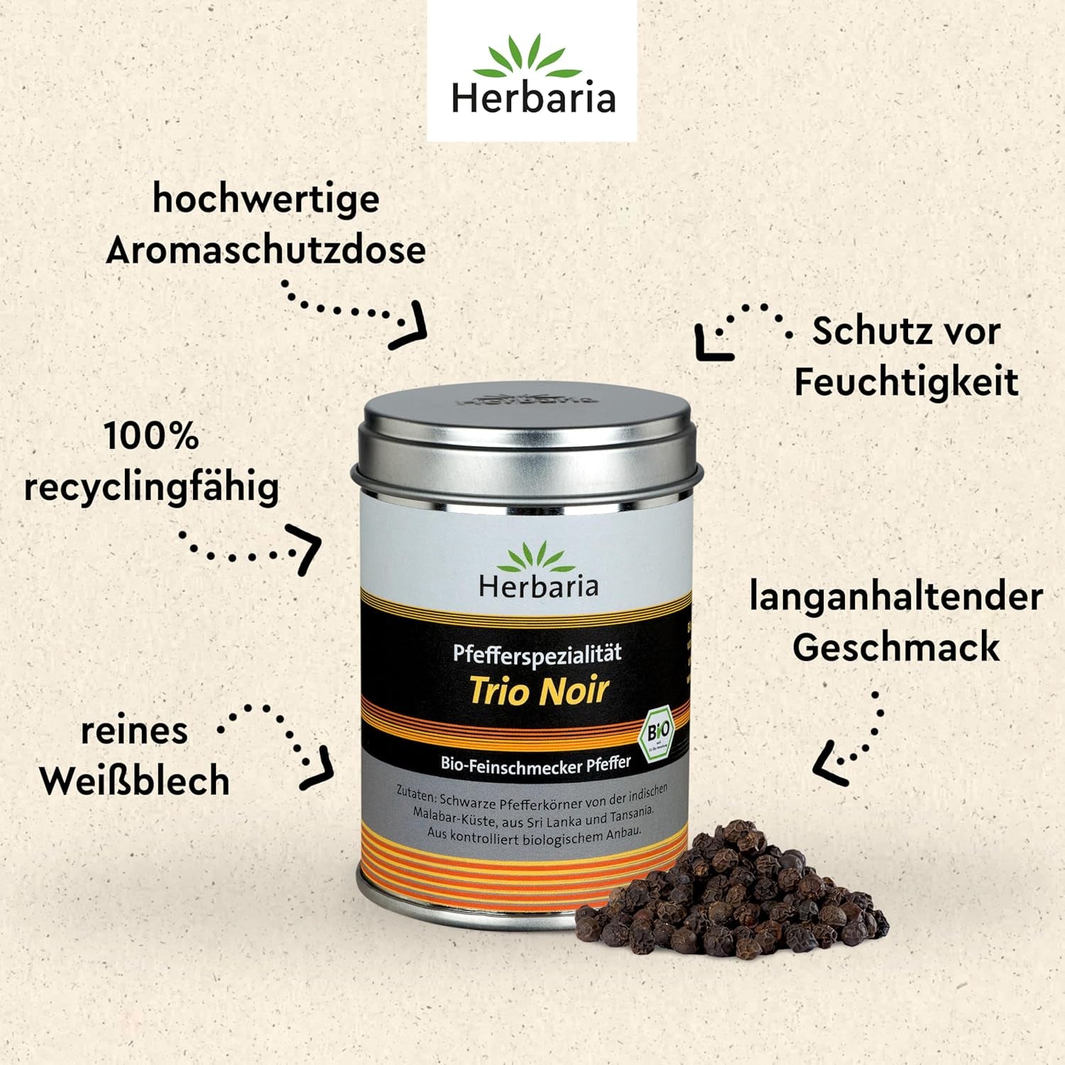 Herbaria Trio Noir bio 75g M-Dose – Bio Pfeffer schwarz ganz – ganze Pfefferbeeren – schwarze Pfeffermischung aus biologischem Anbau von drei verschiedenen Regionen - in nachhaltiger Aromaschutz-Dose