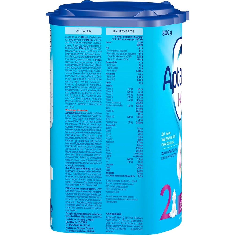 Aptamil HA 2 – Formulă de continuare după 6 luni, cu Omega 3 și 6, DHA, ARA și ALA, Fără lactoză, Fără ulei de palmier, Hrană pentru bebeluși, Lapte praf, 1 x 800g (Pachet de 4)
