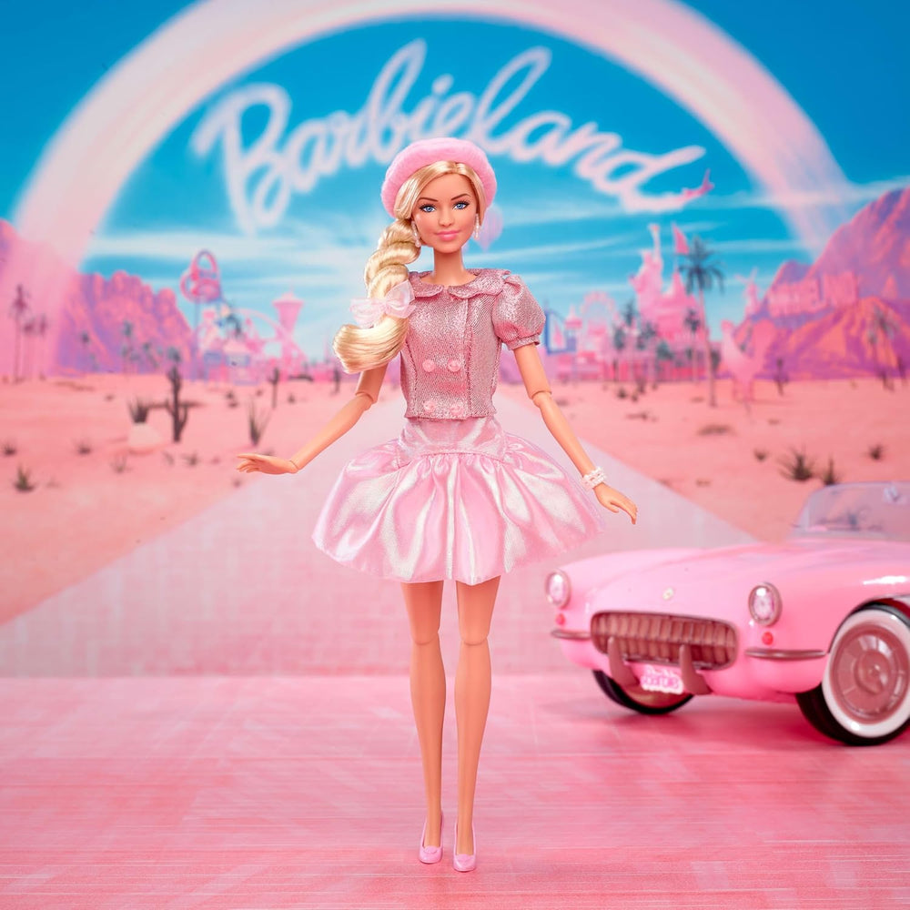 Barbie-Puppe zum Spielfilm, Margot Robbie als Barbie, Sammelfigur in rosafarbener Bluse und Tüllrock, mit gestylter Frisur und passendem Schmuck, JBJ53