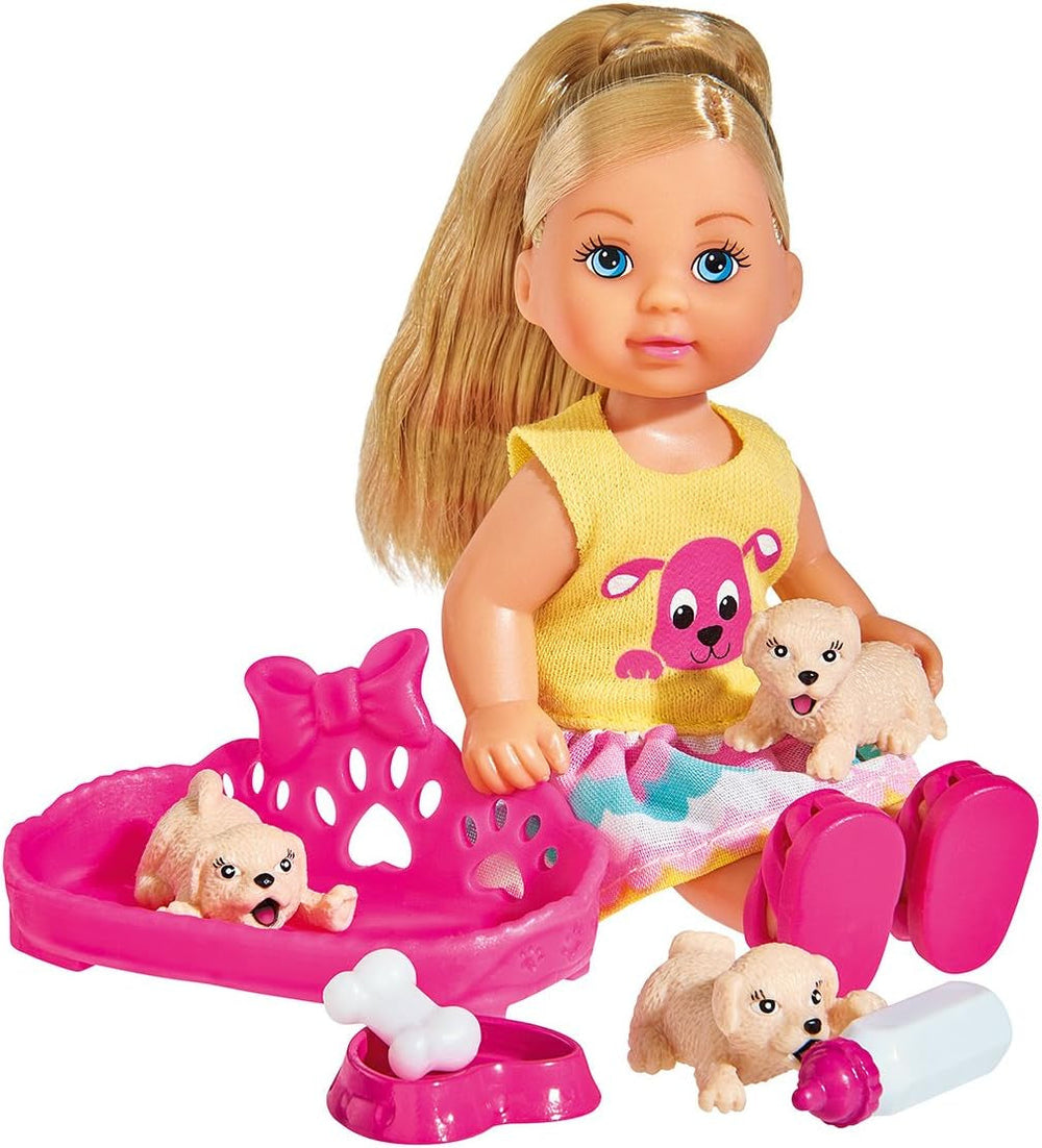 Simba 105733041 - Evi Love Puppy Love, mit DREI Babyhunden, mit Hundekorb und Zubehör, Ankleidepuppe, 12cm, für Kinder ab 3 Jahren
