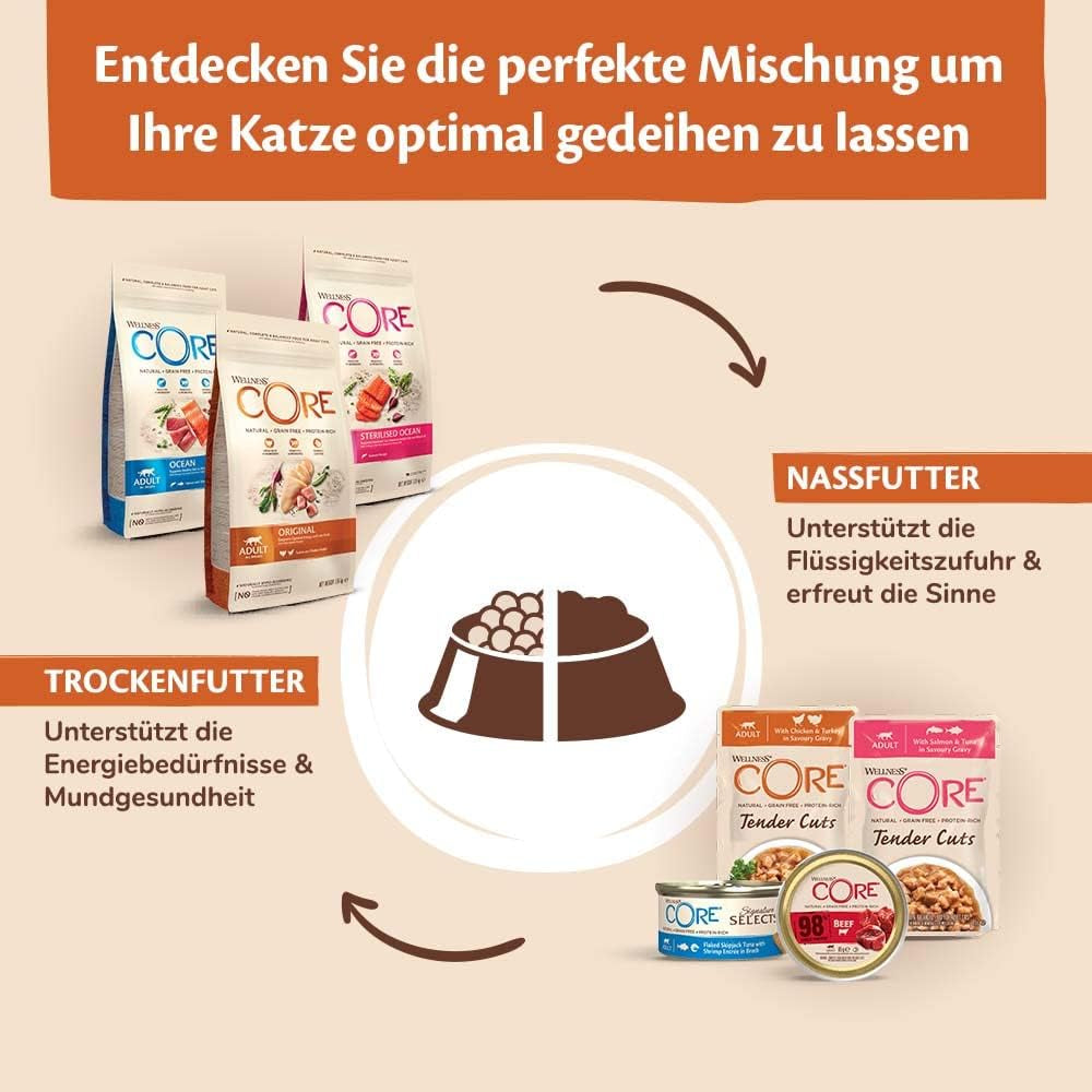 Wellness CORE 98% 12 x 85g, Pui și Somon – Hrană umedă pentru pisici, pate gros, fără cereale, naturală, hipoalergenică, bogată în proteine, conținut ridicat de carne
