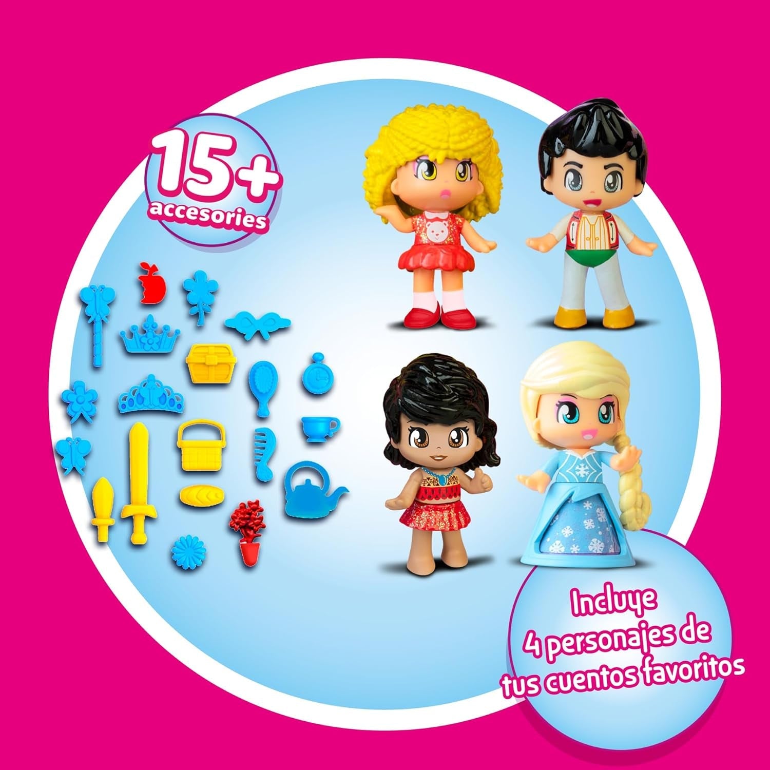 Pinypon – 4er-Pack Märchenfiguren, enthält Goldlöckchen, Eisprinzessin, Prinz der Wunderlampe und Meerprinzessin, über 20 thematische Accessoires, Famosa (PNY87000)