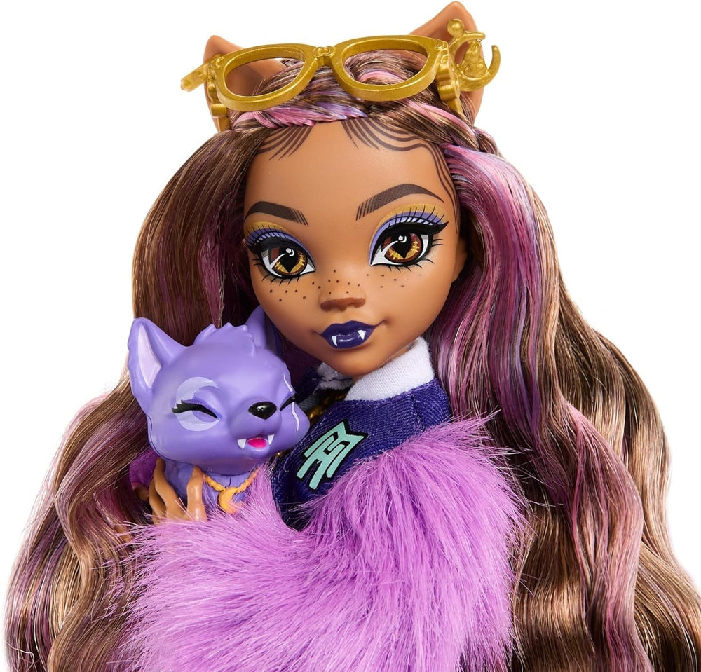 Păpușă Monster High Clawdeen Wolf cu câine Crescent și accesorii precum rucsac, calendar, gustări și multe altele, HRP65 Papusi Naty Shop