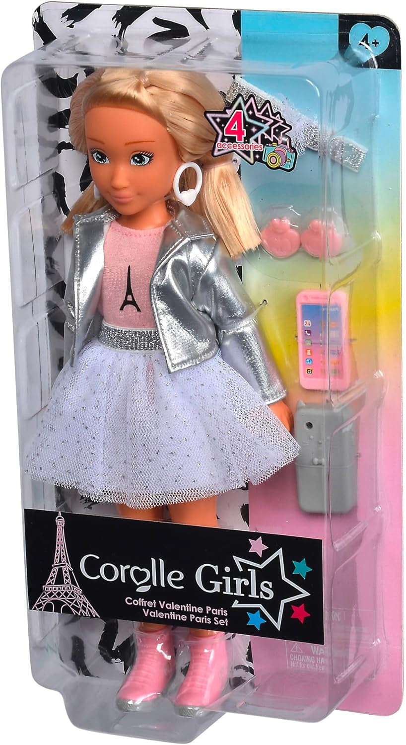 Corolle Girls Valentine Paris Fashion, Ankleidepuppe im Pariser Fashion Week Look und 4 Teile, Vanilleduft, 28cm, ab 4 év