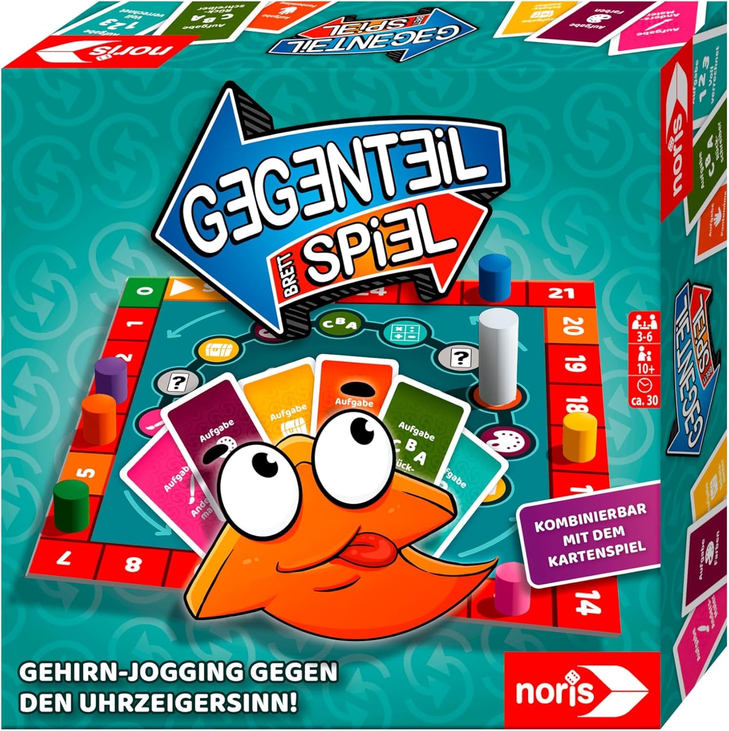 Noris 606062080 - Gegenteil Spiel (Brettspiel from 10 Jahre) - kombinierbar mit dem Kartenspiel - verrücktes Konzentrationspiel für Kinder und Erwachsene für 3-6 Spieler