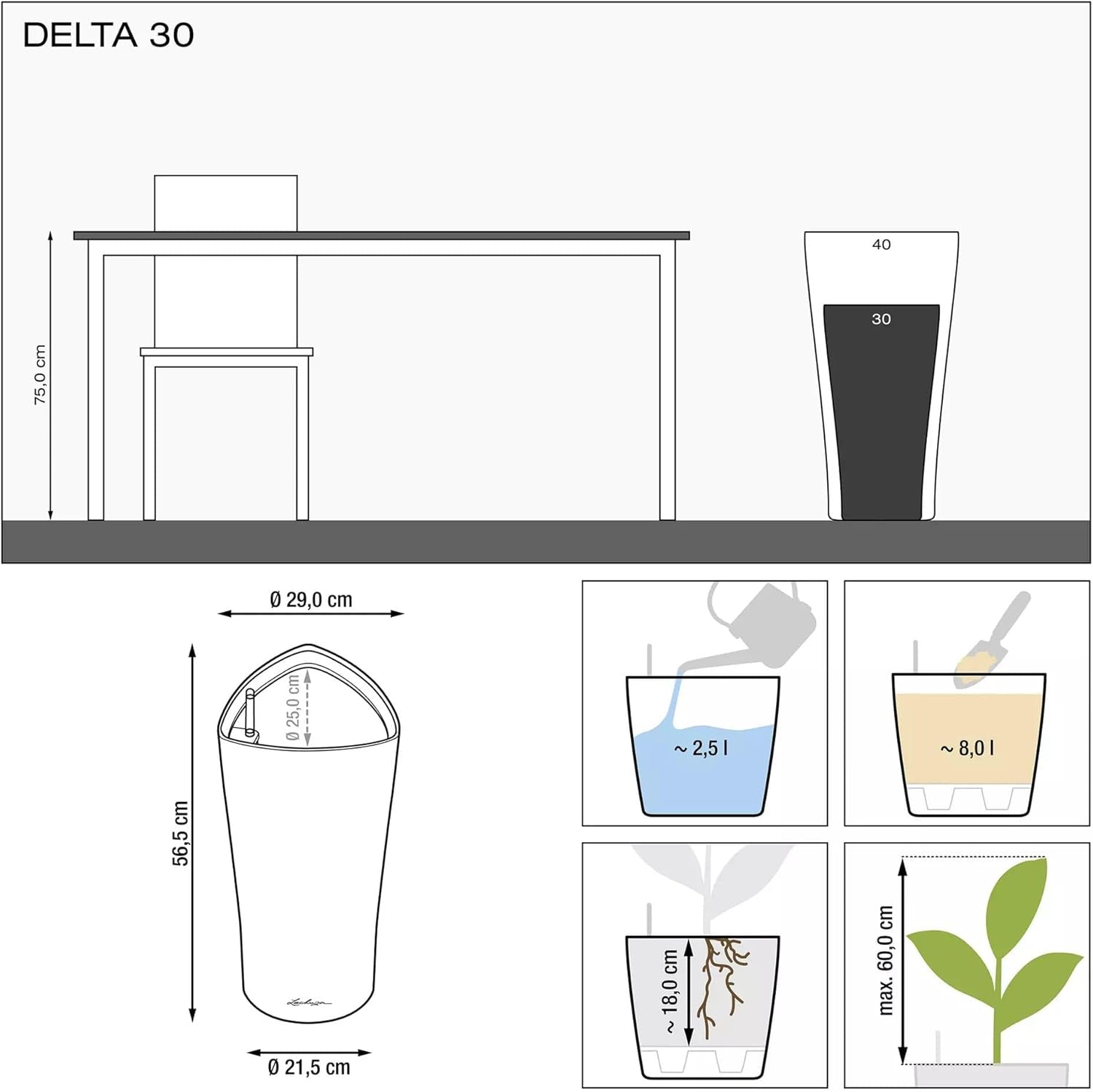 LECHUZA DELTA Premium 30 alb lucios 15500