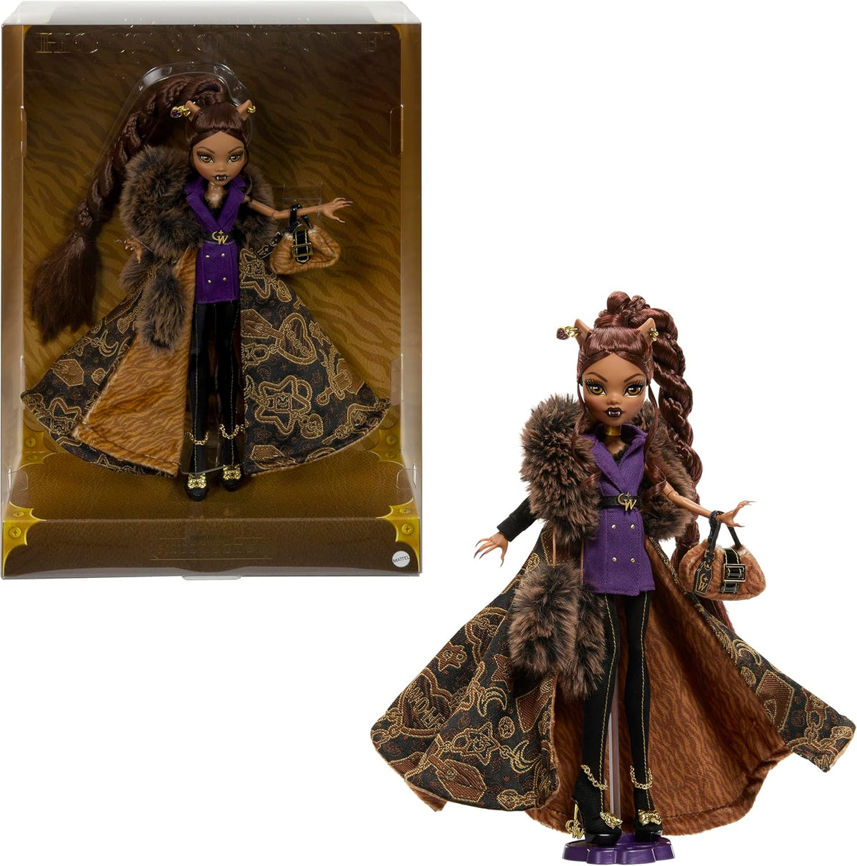 Monster High Puppe, Clawdeen Wolf House of Wolf Sammelfigur mit Kunstpelz-Jacquard-Mantel, violettem Blazerkleid, Pantaboots und goldenen Accessoires, JDR66
