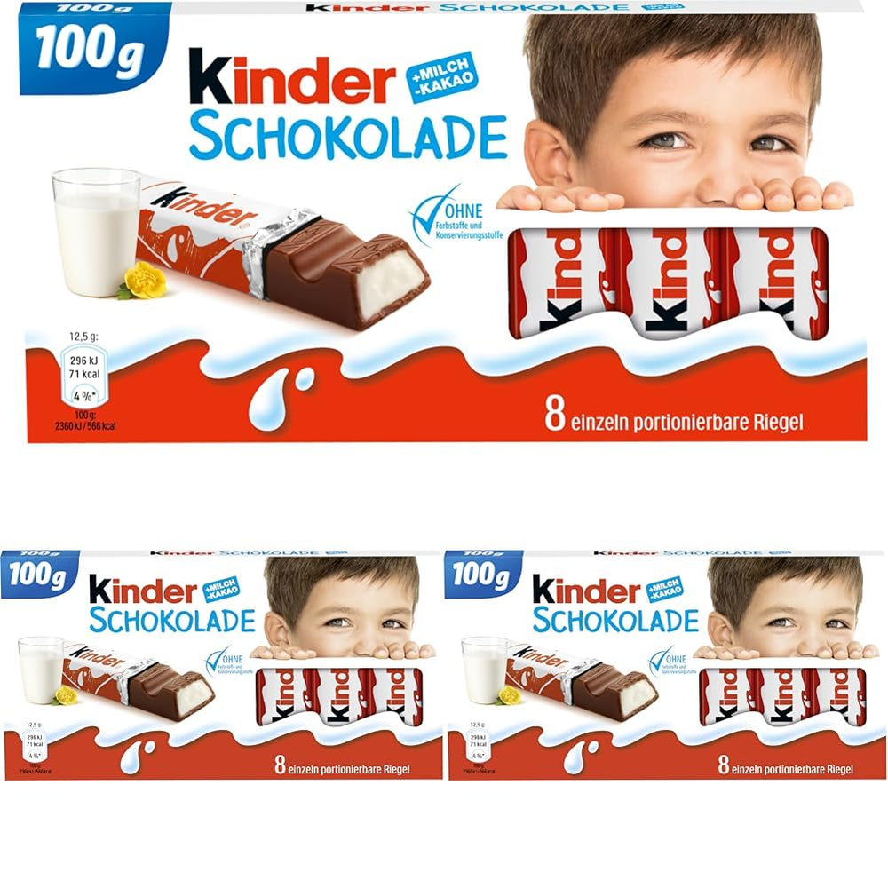 Kinder Chocolate – töltött tejcsokoládészeletek – 1 csomag 24 darab különálló szeletet (24 x 12,5 g) tartalmaz.