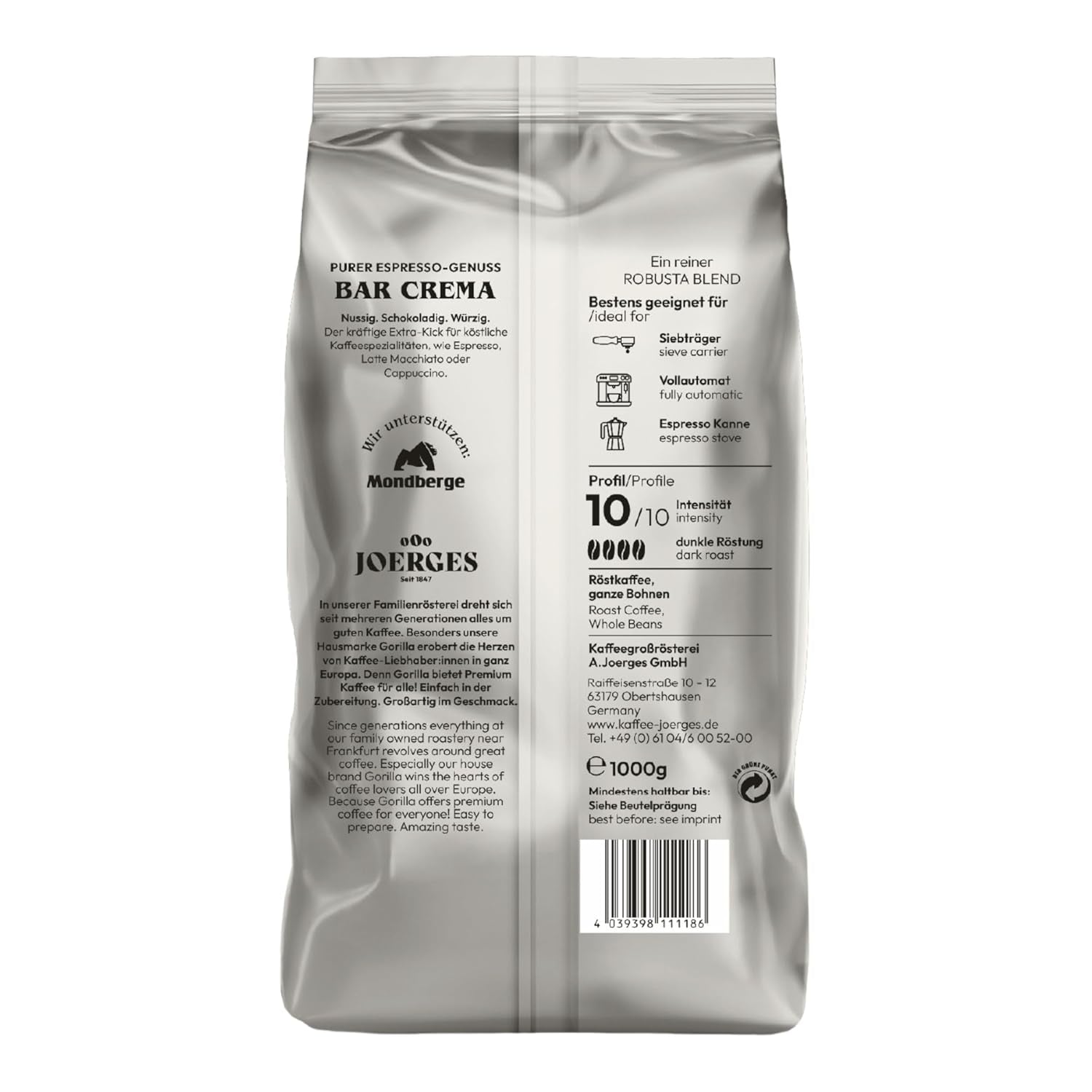 Boabe de cafea Gorilla Espresso Bar Crema - 12 pachete a câte 1000g fiecare
