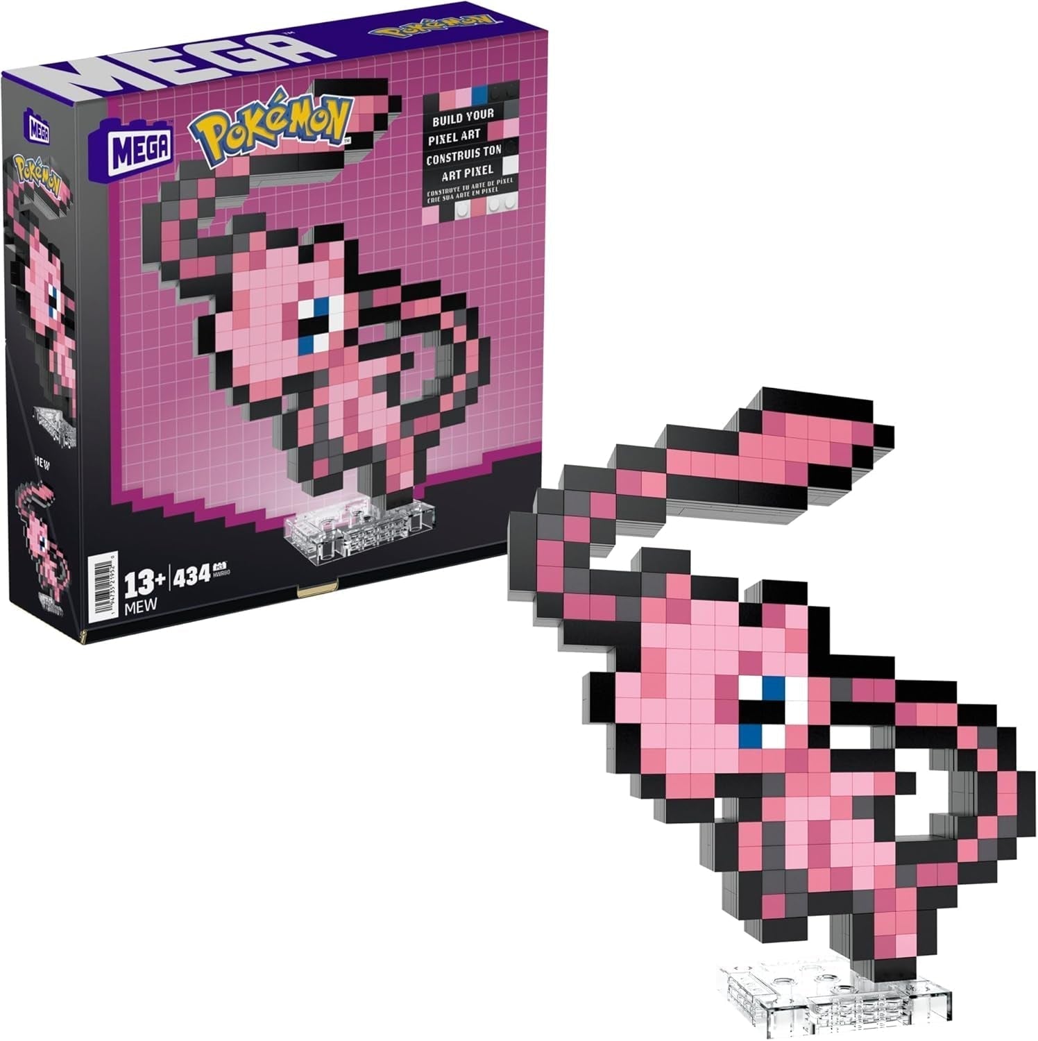 MEGA Pokémon Glumanda - Figură construibilă în aspect retro, Pixel Art, Inclusiv bază pentru montare pe perete, Pentru constructori și colecționari adulți, HTH76 Action figures Naty Shop Mew
