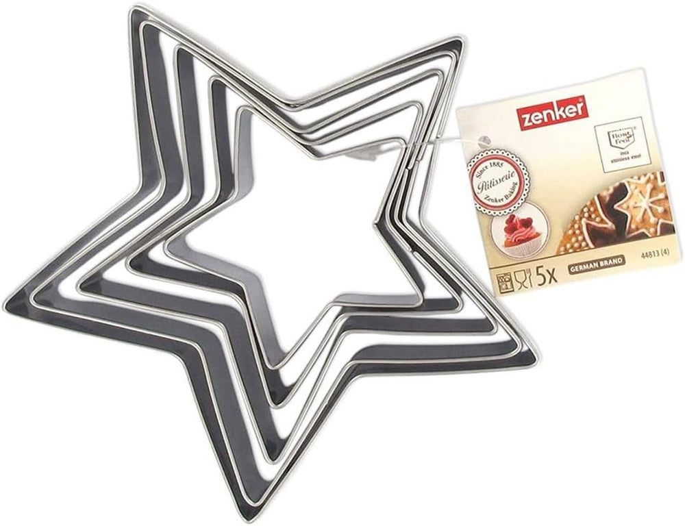 Zenker 44813 Set de 5 forme de biscuiți în formă de stea, Set de 5 forme de patiserie în formă de stea, Oțel inoxidabil, Argintiu, 6-12 x 2,5 cm