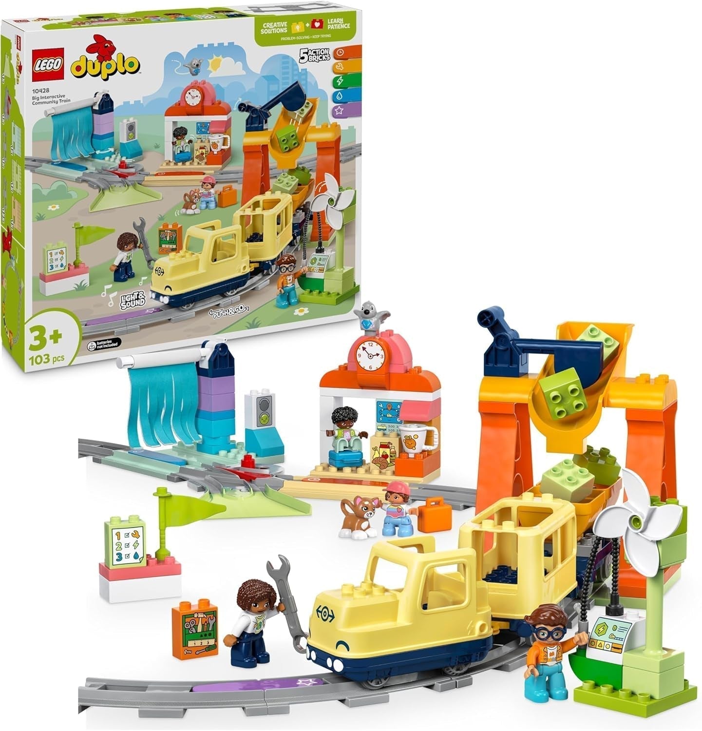 LEGO DUPLO Town nagy, interaktív vasút, építőjáték 3 éves kisgyermekek számára, Push & Go mozdony fényekkel és hangokkal, pályaalkatrészek, 10428 óvodai oktatójáték építőkészletek Besuche den LEGO-Store alapértelmezett cím