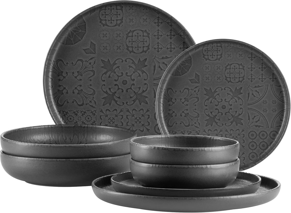 MÄSER 934064 Set de veselă vintage modern pentru 2 persoane, design maur cu glazură mată, serviciu de cină cu 8 piese, farfurii și boluri din ceramică de înaltă calitate, gresie, negru