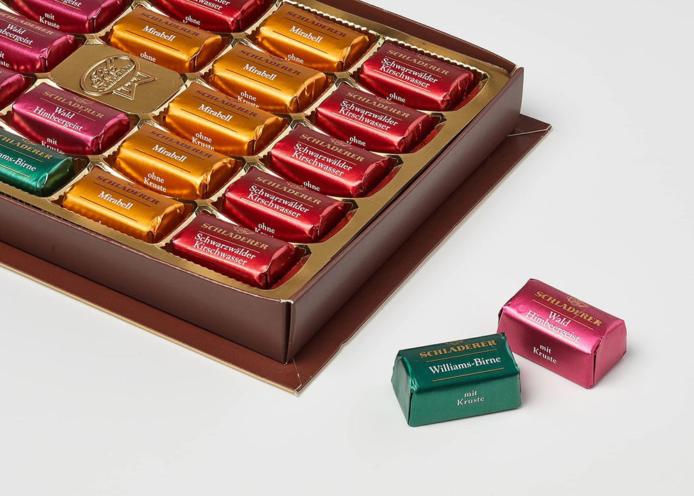 RCP Schladerer Praliné, finom választék, tej- és étcsokoládé, cukorhéjjal és anélkül, folyékony töltelék, alkoholt tartalmaz, remek ajándék, 255g