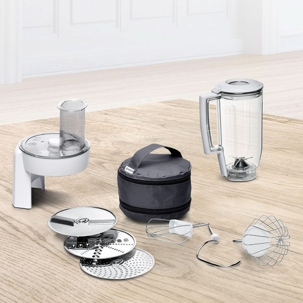 Bosch Küchenmaschine Serie 4 Mum58720, Edelstahl-Schüssel 3,9 l, turmixgép 1,25 l, Planetenrührwerk, Knethaken, Schlag, Rührbesen, Durchlaufschnitzler, 3 Scheiben, 1000 W, Dunkelstahl-Schüssel és Chilber