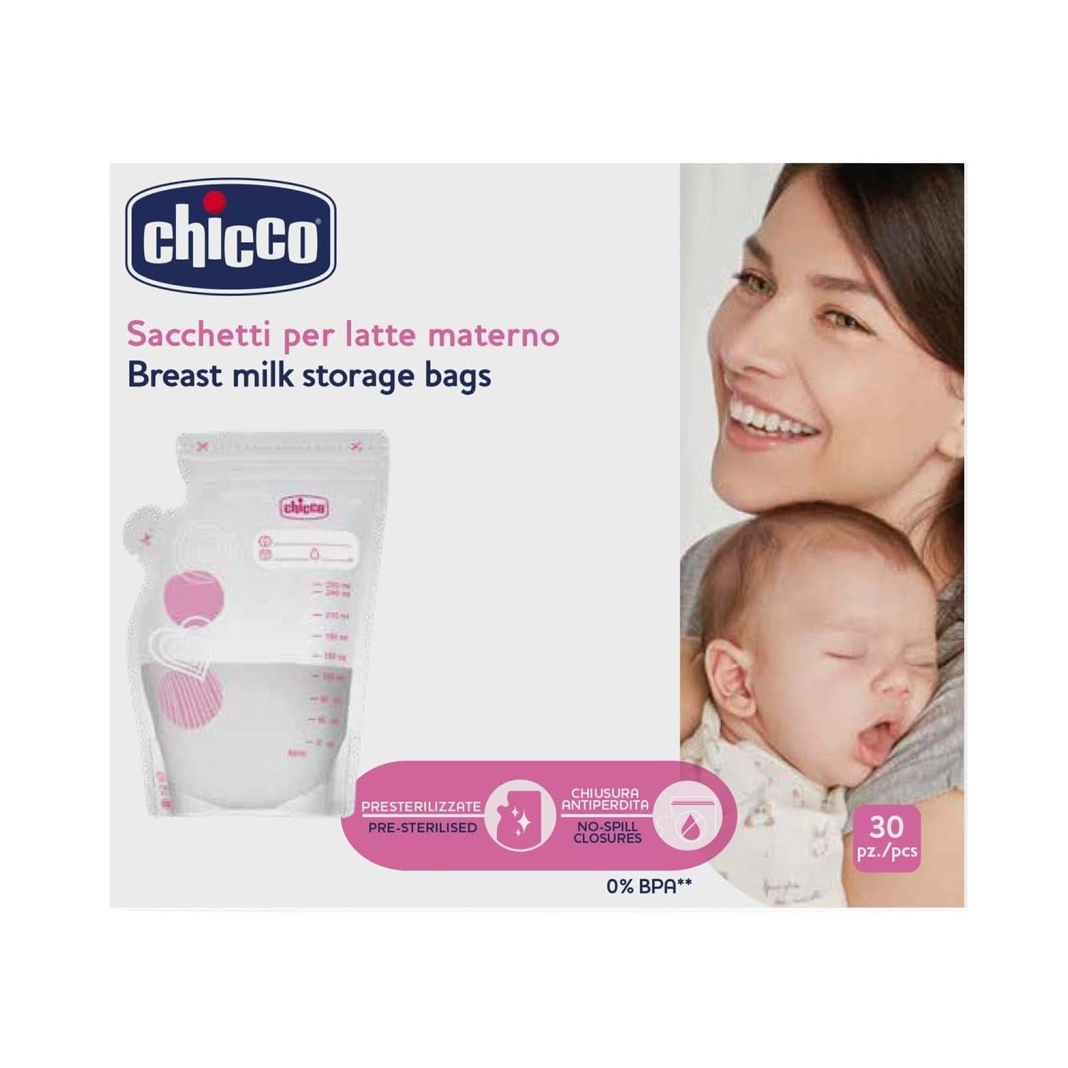 Chicco tejes zacskó 30 darabos, Szivárgásmentes, 250 ml Tartozékok Élelmiszer és Szoptatás Bebe Naty Shop