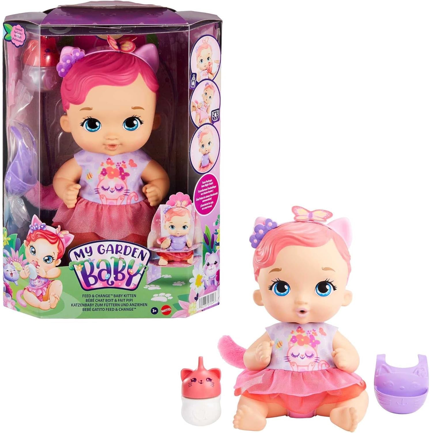 My Garden Baby HHL21 - Katzen-Baby Puppe (rózsaszín Haare) mit Katzenohren und süßem Jasmin-Duft, beleértve a Lätzchen, Fläschchen und Stoffwindel, Spielzeug für Kinder - ab 3 Jahren