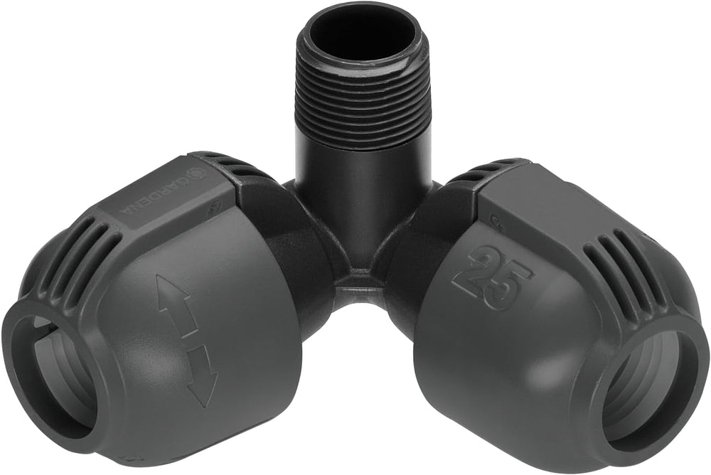 Sistem de irigații Gardena, piesă în L: Conector pentru schimbarea direcției conductei de alimentare, 25 mm, tehnologie de conectare Quick&Easy, compatibil cu conductele de alimentare Gardena de 25 mm, asamblare fără unelte (2773-20)