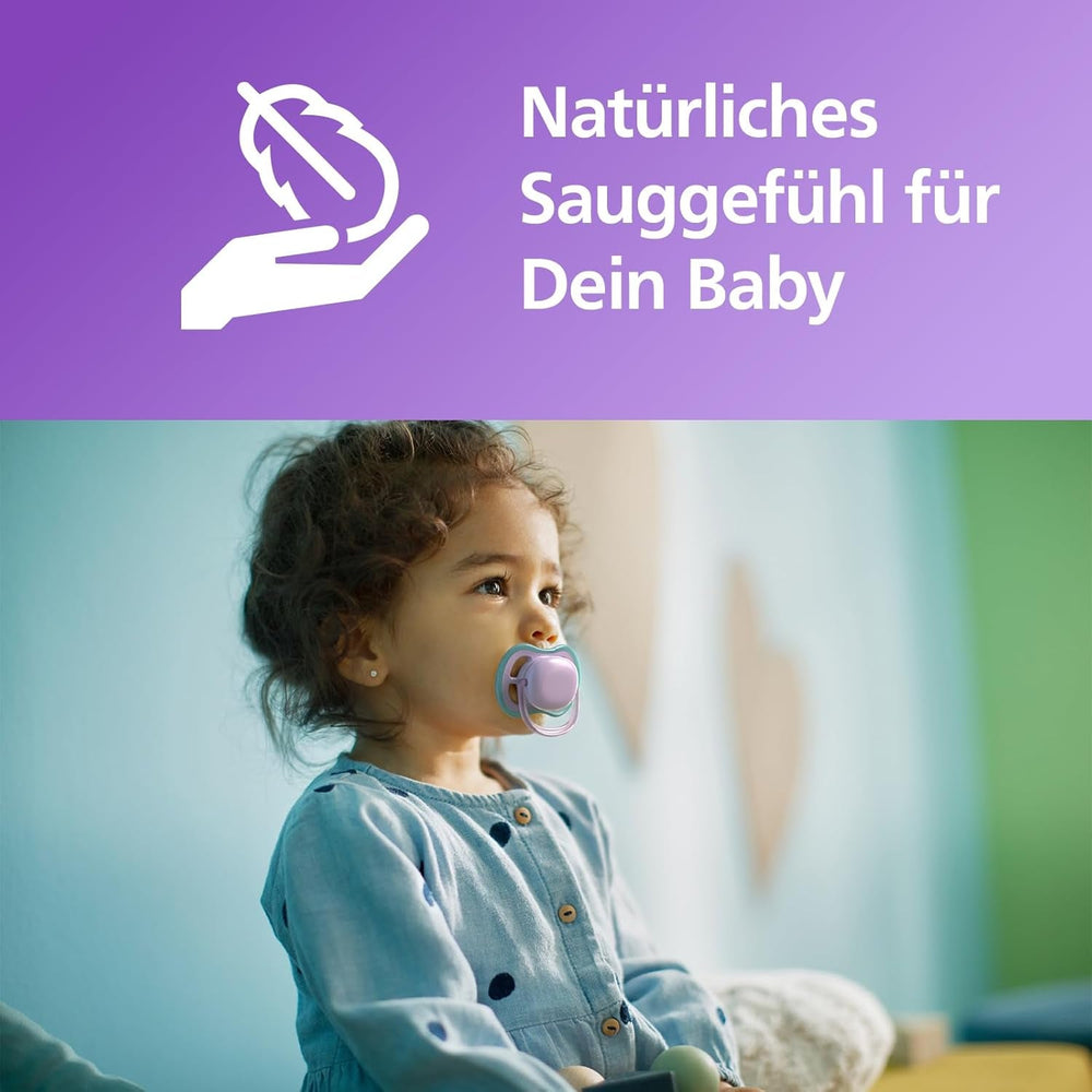 Suzetă Philips Avent Ultra Air - set de 2 suzete, fără BPA, respirabile, pentru bebeluși de la 18 luni, inclusiv cutie de transport și sterilizare, Whale/Whale (Model SCF349/24)