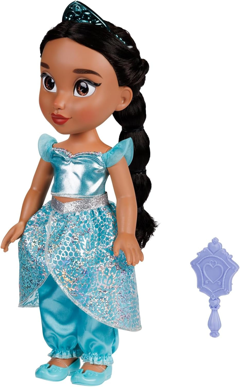 Disney Princess Jasmin Puppe 35 cm, reflektierende Glitzeraugen, bewegliche Gelenke, ausziehbares Outfit, Schuhe, Krone, langes geflochtenes Haar, für Mädchen ab 3 Jahren