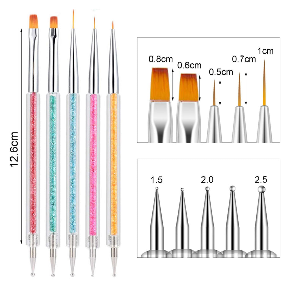 6 Stück Nagel Pinsel Set, Doppel-Ende Nageldesign Pinsel, Acryl Nail Art Pinsel Set Nail Art Liner Pinsel Dotting Tool Für DIY Nail Art Design (Mit 1 Schwammbürste)