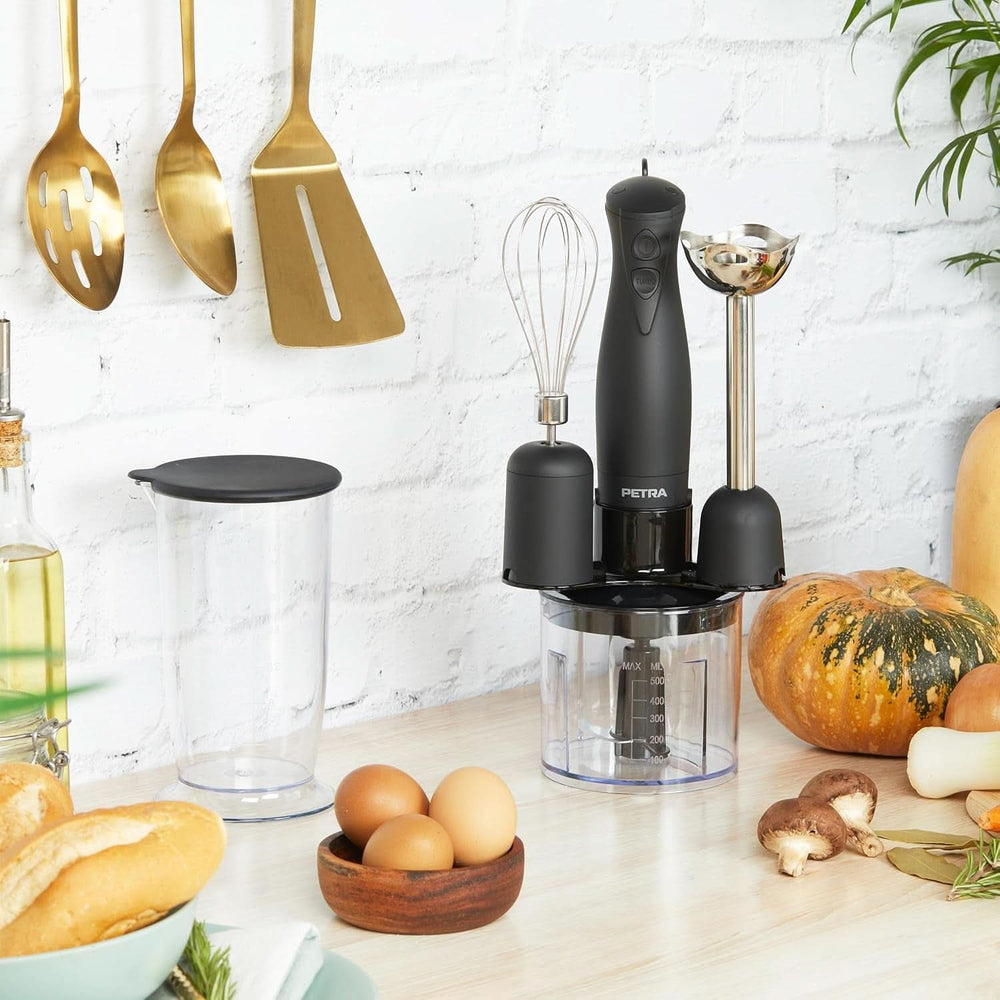 Petra PT2827BMBLKVDE 3-az 1-ben keverő – Bpa-mentes tartozékok, 500Ml-Schüssel, 700Ml-Becher, Schneebesen, Mixen, Zerkleinern, 2 Geschwindigkeiten, Edelstahlklingen, Für Babynath,3 és5 Child Naty Shop