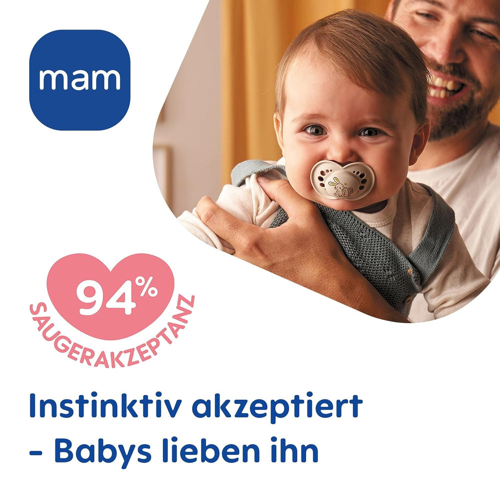 Suzete MAM Original, pachet de 2, suzete pentru bebeluși prietenoase cu dinții, fabricate din materiale sustenabile și bioregenerabile, tetine din silicon MAM SkinSoft, cu cutie pentru suzetă, 6-16 luni, Lup/Iepure