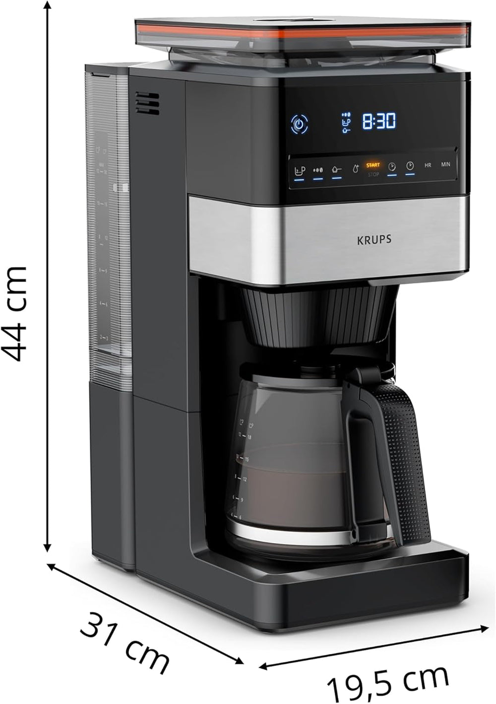 Espressor KRUPS Grind Aroma XL, râșniță conică detașabilă, panou de control digital, capacitate XL (1,5 l), funcție de menținere la cald, carafă din sticlă, negru/oțel inoxidabil, KM842810