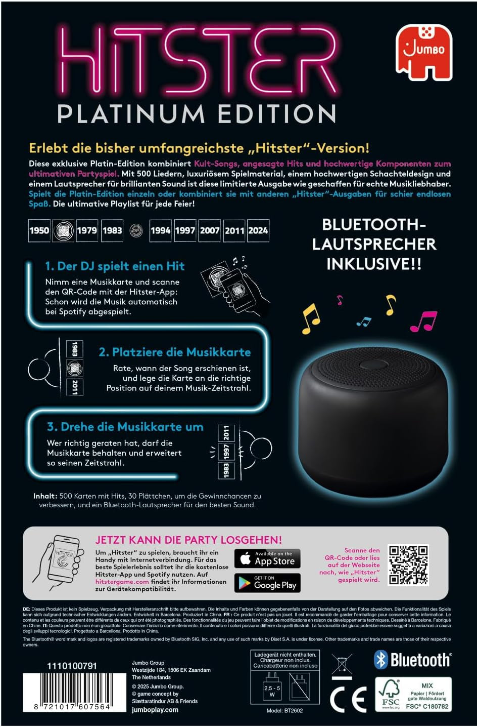 Hitster Platinum Edition – bulizenei játék 500 zeneszámmal pop, rock, hip-hop, dance és egyéb zenékből, beleértve a hangszórót is