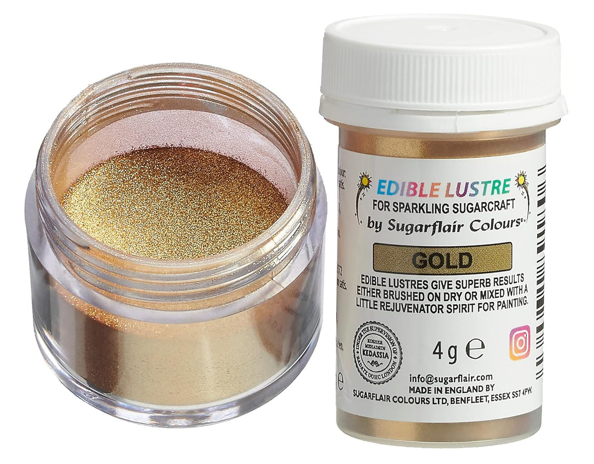 Colorant alimentar comestibil Sugarflair, auriu - Pudră de luciu alimentar pentru prăjituri, brioșe, ciocolată, produse de patiserie, deserturi, înghețată, băuturi, cocktailuri și multe altele - 4g