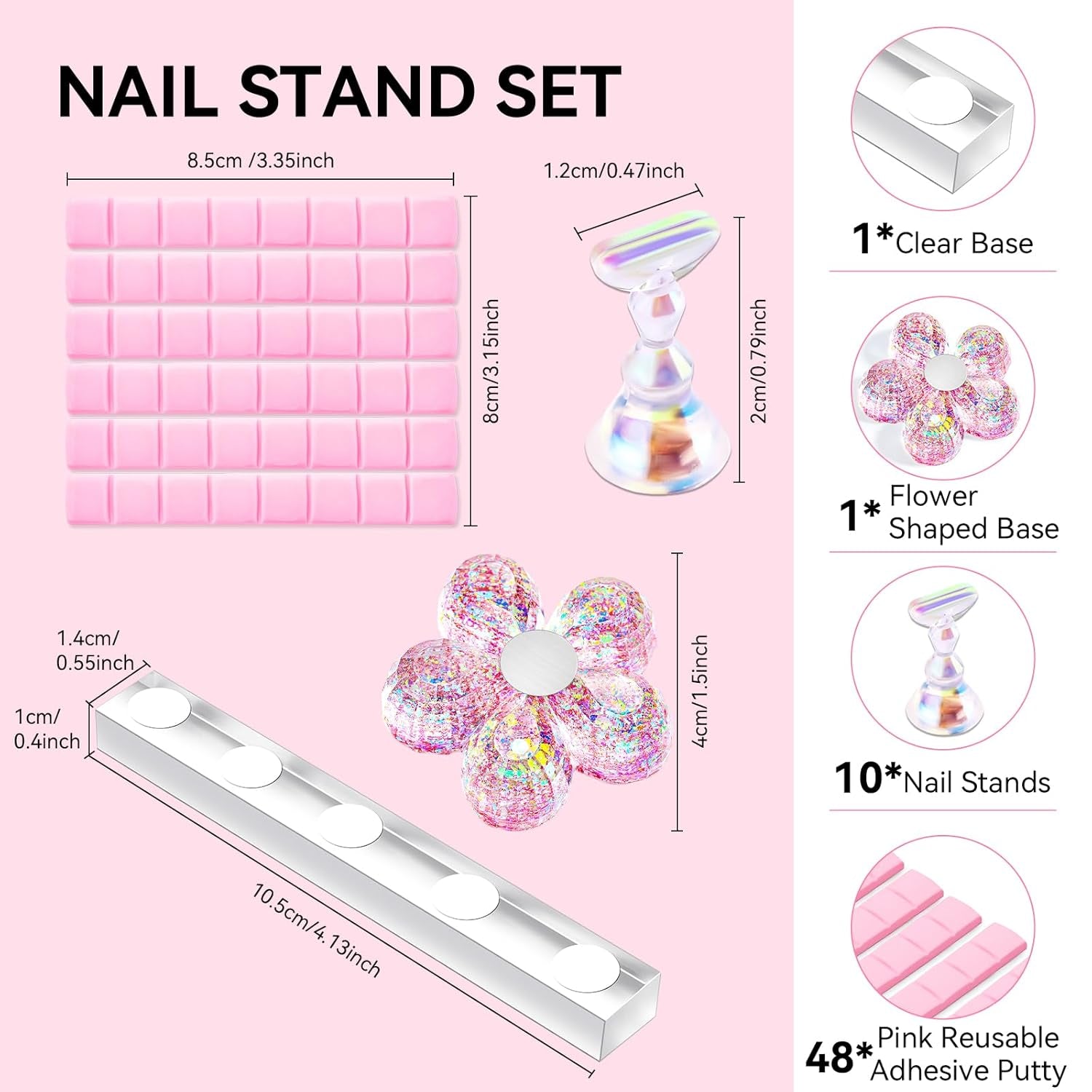 Suport acrilic pentru unghii Makartt, suport pentru unghii magnetic, suport pentru unghii, suport pentru unghii roz transparent, cu 48 de chit adeziv