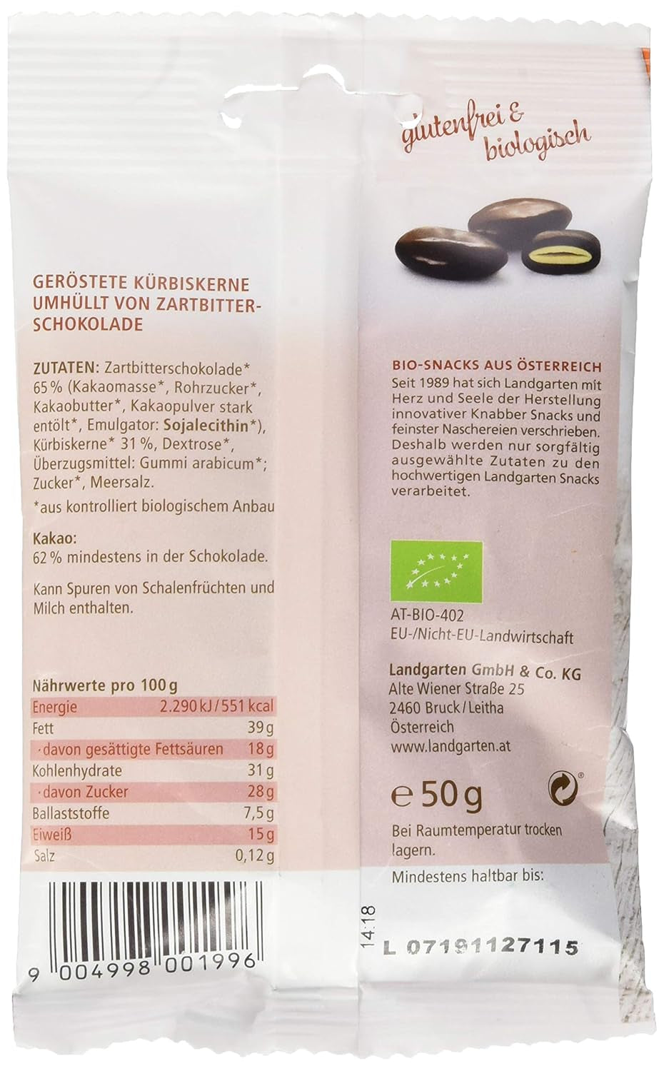 Landgarten bio tökmag étcsokoládéban - Vegán pörkölt tökmagos csokoládé snack - Magnéziumforrás - 1 x 50g