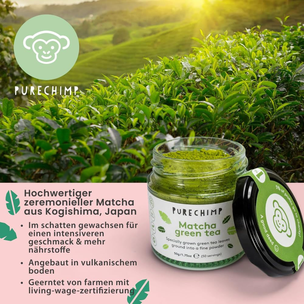 Purechimp Matcha ceremonial 100 g. Pulbere de ceai 100% pură din culturi umbrite pentru latte, infuzii și rețete. Pungă compostabilă. Bogată în antioxidanți.