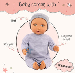 LullaBaby - Baby Puppe - Einteiler & Mütze - 36 cm Realistic Baby-Puppe - Mogyoróbarna szemek és puha test - Romper & Schnuller-Zubehör - Pretend Play Spielzeug - Kinder 2 Jahre +