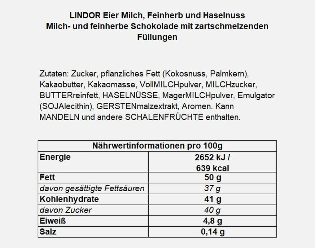 LINDOR tojás Lindt csokoládéval | 4 db 450 g-os doboz | LINDOR tojás szájban olvadó tejcsokoládéval, fehér, sötét és mogyorós töltelékkel | Húsvéti csokoládé | Ajándék csokoládé | Húsvéti tojás | Csokoládé tojás