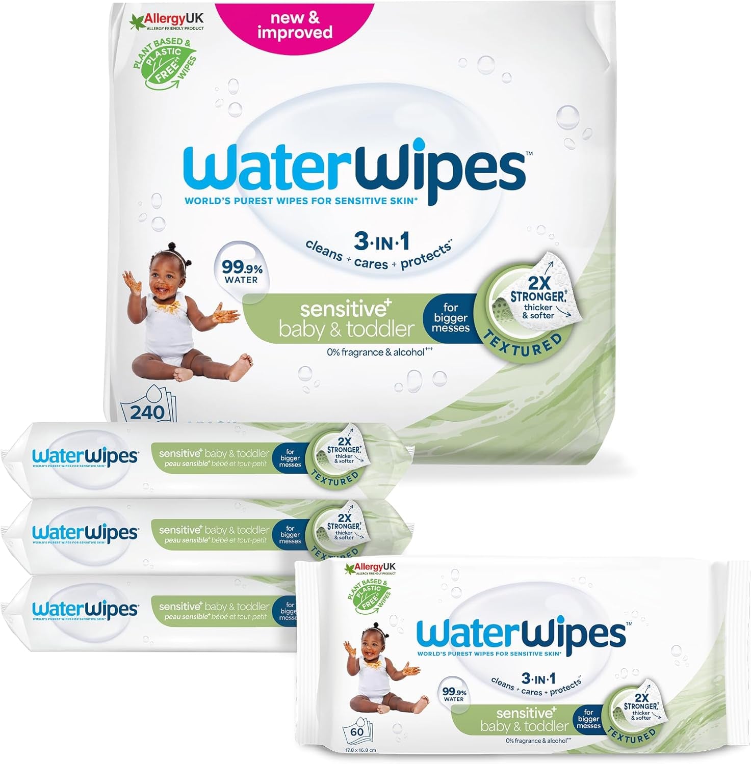 WaterWipes Sensitive+ baba- és kisgyermekkori nedves törlőkendők, 720 darab (12 csomag), 3 az 1-ben tisztítás, ápolás, védelem, 99,9% víz, texturált tisztító, illatmentes