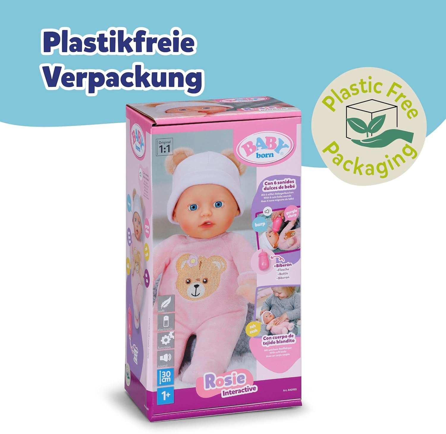 BABY born Rosie 30cm, weiche Babypuppe mit 6 Sounds & Fläschchen
