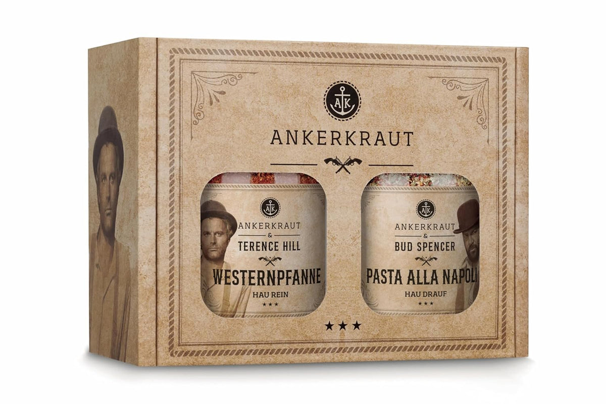 Ankerkraut Bud Spencer & Terence Hill Bagaluten Gewürz-Box, mit Westernpfanne und Pasta alla Napoli, Geschenk-Set, lecker kochen, 195 g Gewürze Inhalt