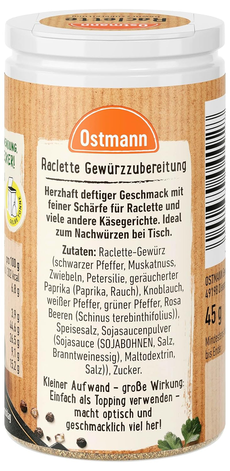 Ostmann Gewürze - Raclette Gewürzzubereitung | Zum Würzen von Käsegerichten | Recyclebare, nachfüllbare Streudose | 45 g Streuerben