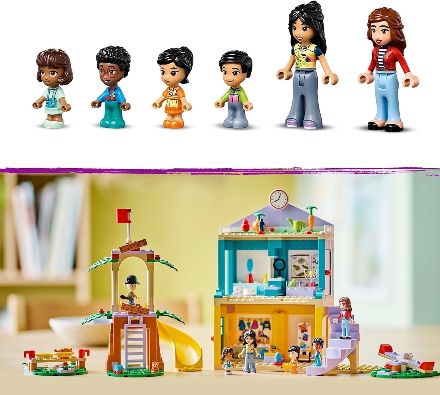 LEGO Friends Heartlake City óvodai játékkészlet 4 éves lányoknak és fiúknak, kreatív szerepjáték 2 figurával és 4 mikrofigurával Szociális fejlesztő játék 42636 Építőkészlet Besuche den LEGO-Store