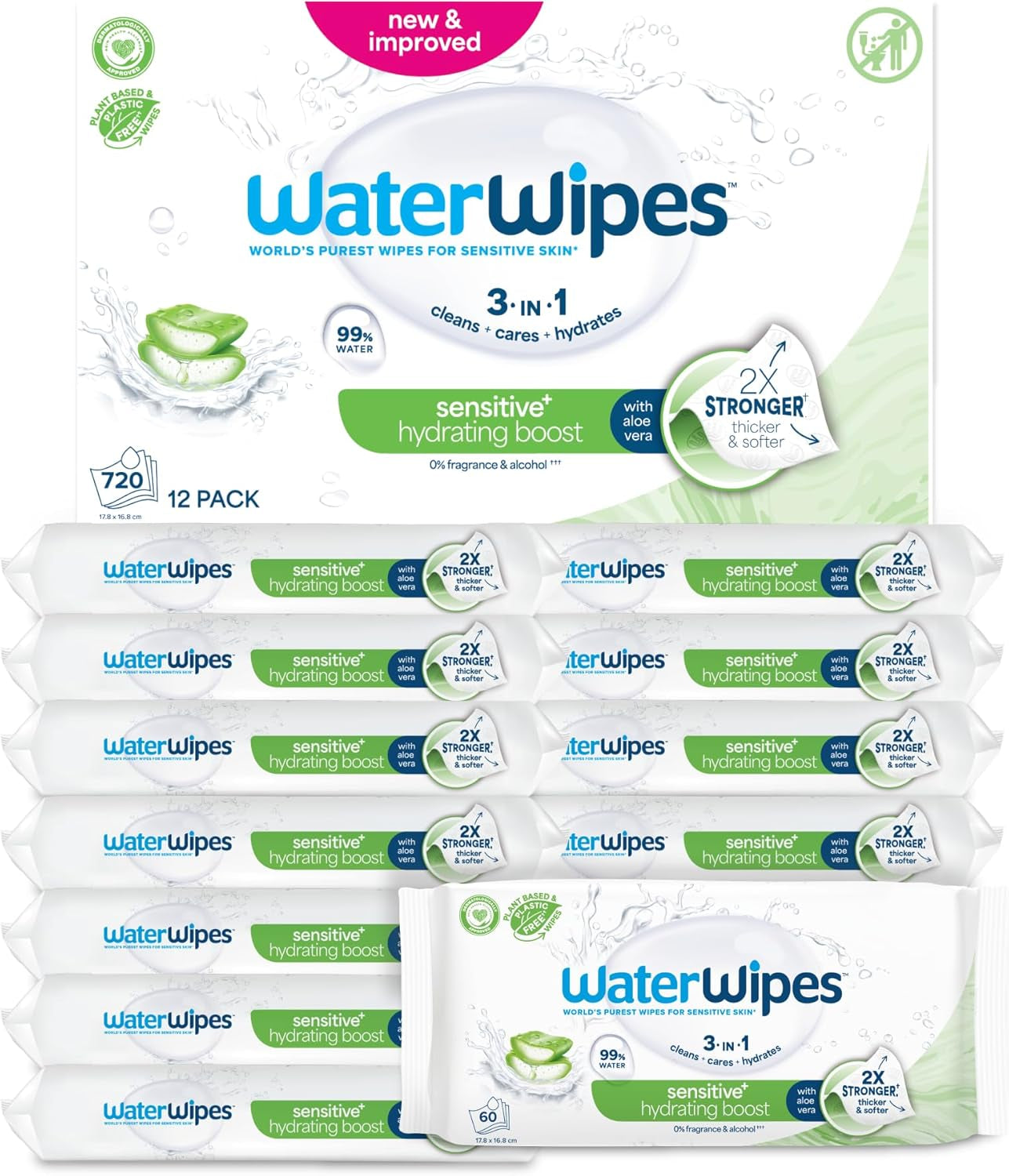 WaterWipes Sensitive+ Hydrating Boost nedves törlőkendők, hidratáló törlőkendők, 360 darab (6 csomag), 3 az 1-ben tiszta, ápoló, hidratáló, 99% aloe vera víz, illatmentes baba törlőkendők