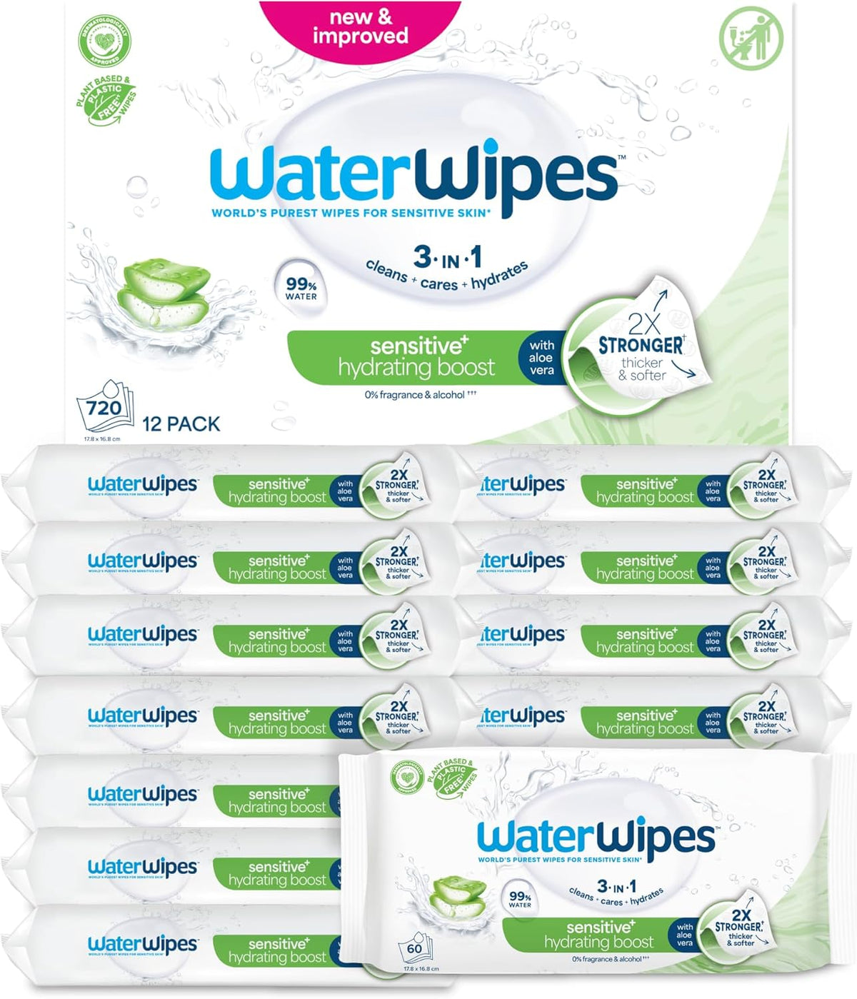 WaterWipes Sensitive+ Hydrating Boost nedves törlőkendők, hidratáló törlőkendők, 720 darab (12 csomag), 3 az 1-ben tiszta, ápoló, hidratáló, 99% aloe vera víz, illatmentes baba törlőkendők