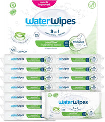 WaterWipes Sensitive+ Hydrating Boost nedves törlőkendők, hidratáló törlőkendők, 720 darab (12 csomag), 3 az 1-ben tiszta, ápoló, hidratáló, 99% aloe vera víz, illatmentes baba törlőkendők