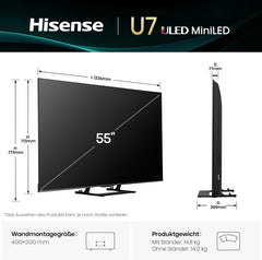 Televizor Hisense 55U7Q de 55 de inci, mini LED ULED 4K, Smart TV, motor Hi-View AI, mod de joc Pro la 144Hz, FreeSync Premium, subwoofer încorporat, Dolby Vision IQ Atmos, AirPlay, control vocal [2025]