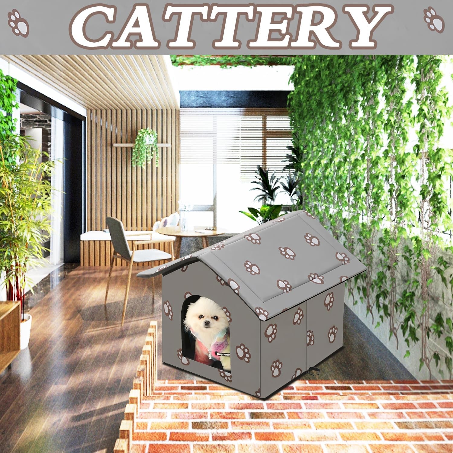 Katzenhaus für Draußen Winterfest und Wasserdicht, Faltbare Outdoor Katzenhöhle mit Abnehmbarem Kissen, Wetterfestes Tierheim für Streuner und Haustiere, Waschbar und Isoliert (Graue Katzenpfote, M)