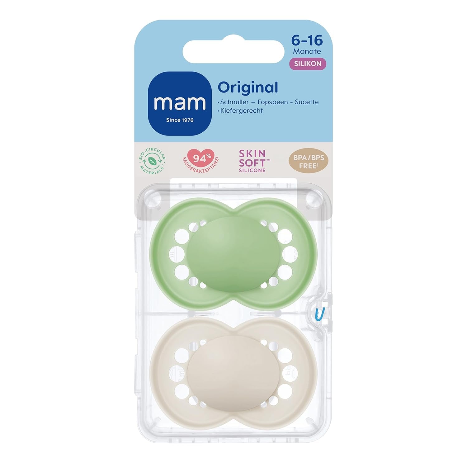 Suzete MAM Original, pachet de 2, suzete pentru bebeluși prietenoase cu dinții, fabricate din materiale sustenabile și bioregenerabile, tetine din silicon MAM SkinSoft, cu cutie pentru suzetă, 6-16 luni, verde/bej